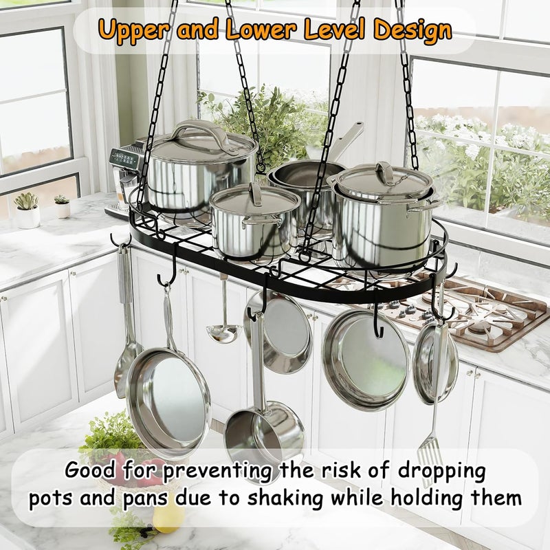 TICKCACY 24.4” Metal Pot Rack Hanging, Oval Pan Rack Hanging with Hooks, Heavy Duty Ceiling Pot Rack with Grid, Pot and Pan Hangers for Kitchen Cookware Utensils Toiletries, Easy Assembly, Black - Image 4